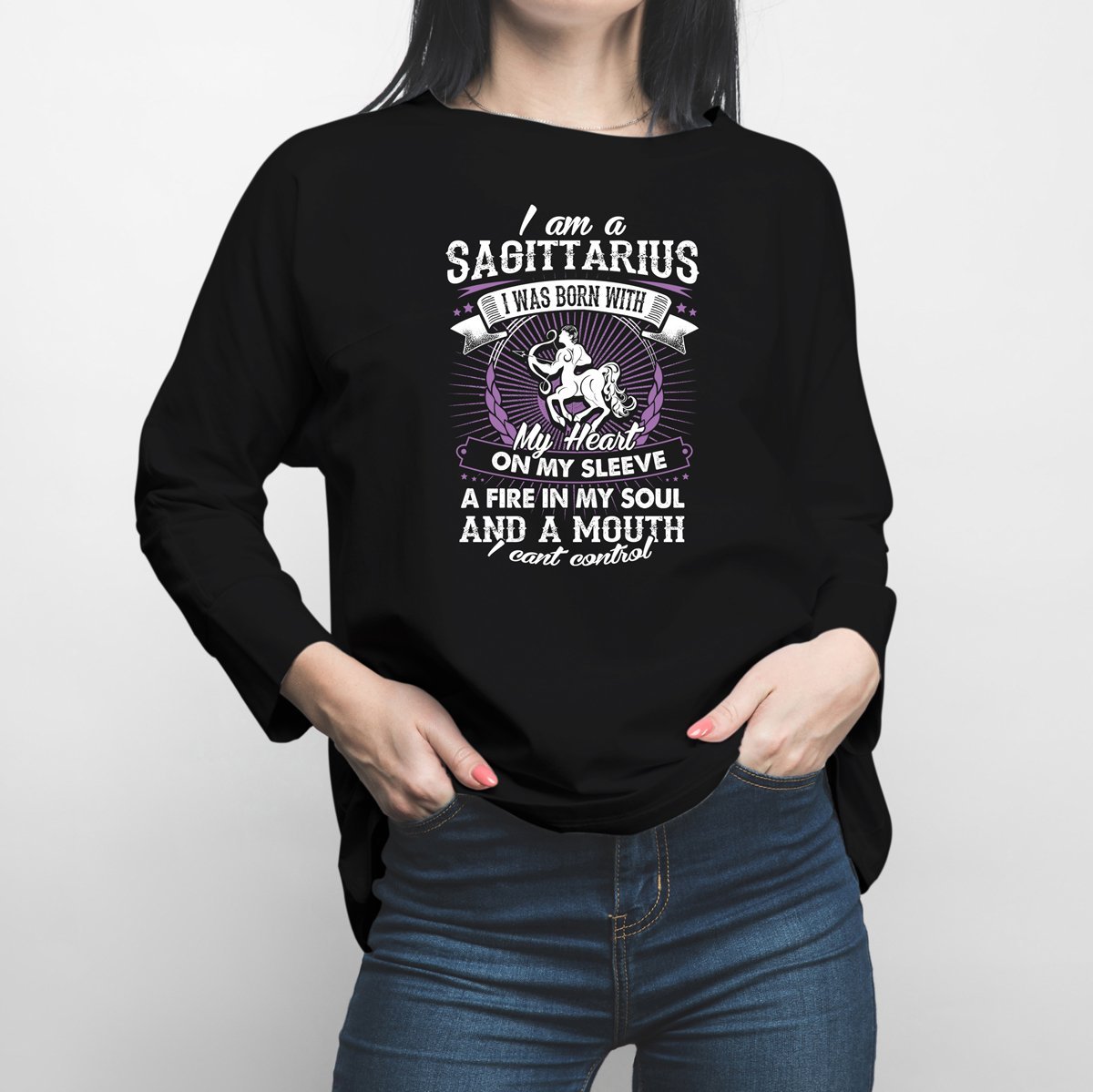 Horoscope Sagittarius Born with Heart on Sleeve Long Sleeve Shirt - Happiness Idea